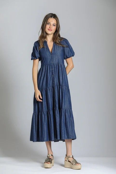 Long Denim Dress w/Puff Sleeves