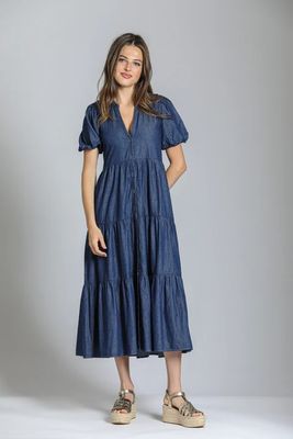 Long Denim Dress w/Puff Sleeves