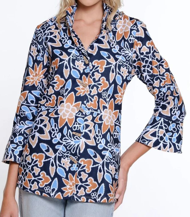 Creme Brulee-Plus 3/4 Flounce Slv Wire Collar Bttn Front Top, Size: 1X-Large