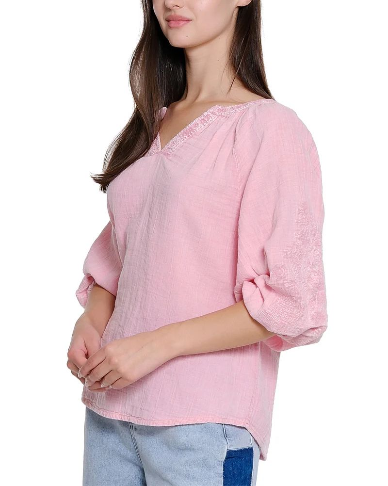 Embroidered Sleeve Popover Top