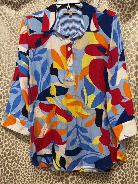 Print Popover Shirt with Stripe Trim
