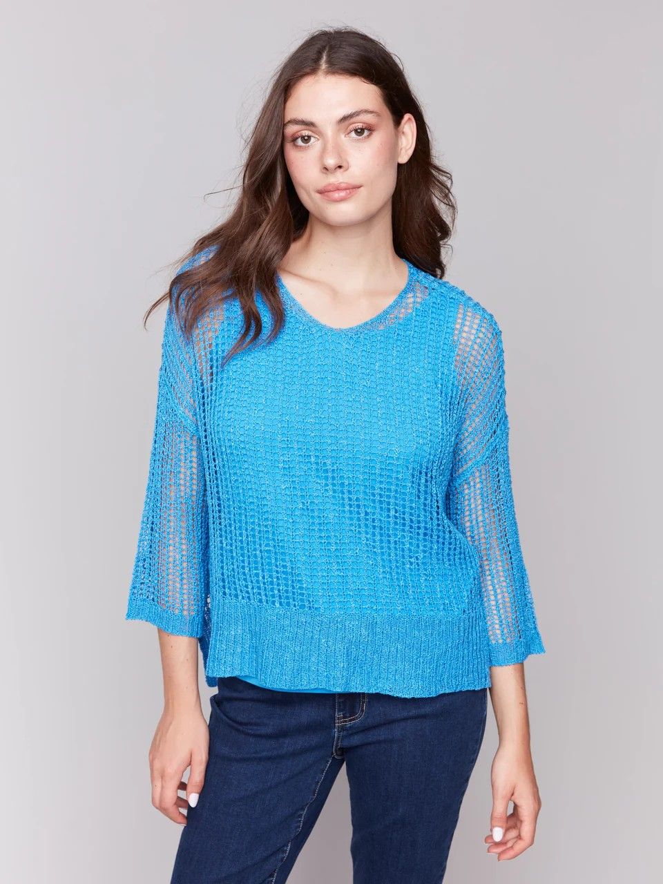 3/4 Sleeve Fishnet Crocket Sweater