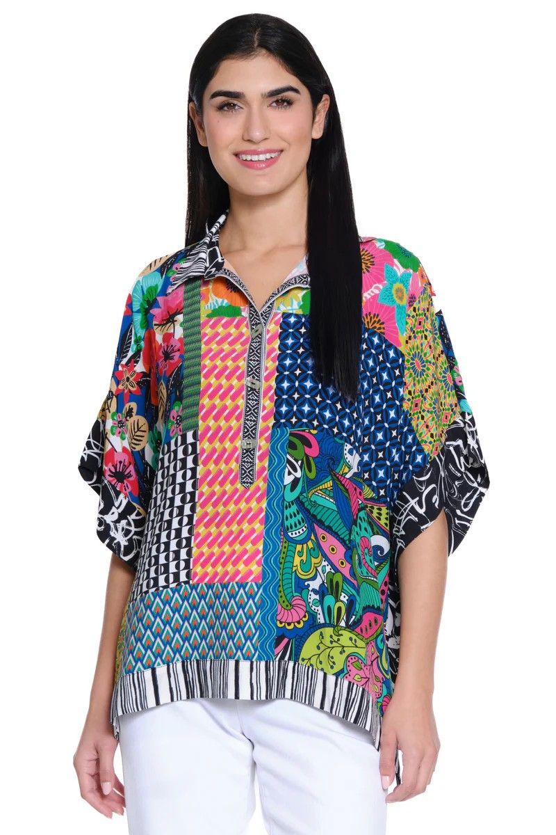Loose Button Up Patch Print Top