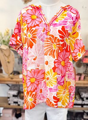 Embroidered Split Neck Top