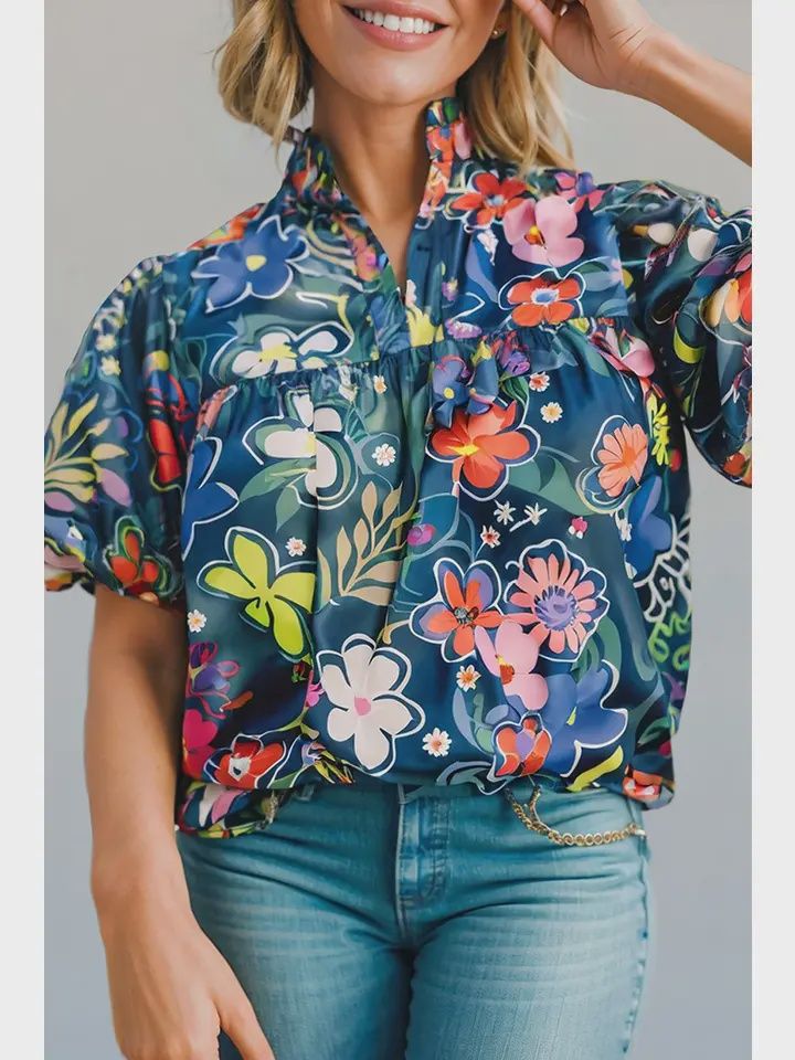 Ruffled Collar Print Blouse