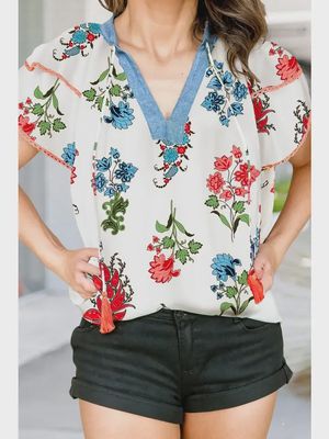 Floral Print Top w/Ruffle Sleeve