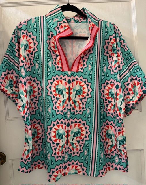 Modern Abstract Top w/Banded v-Neck