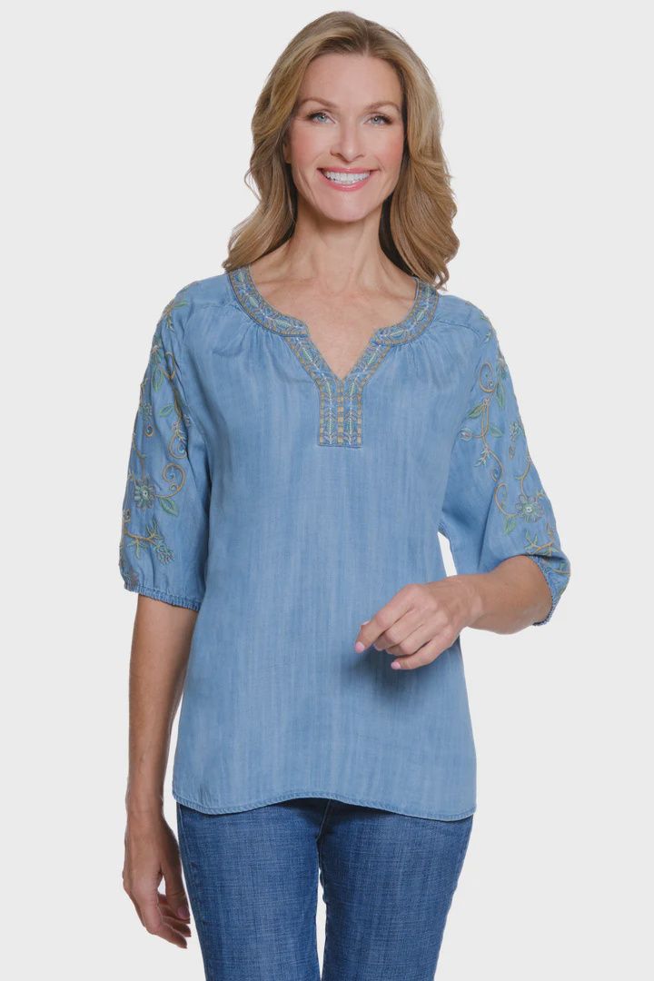Seafoam-Raglan 3/4 Sleeve Denim Top
