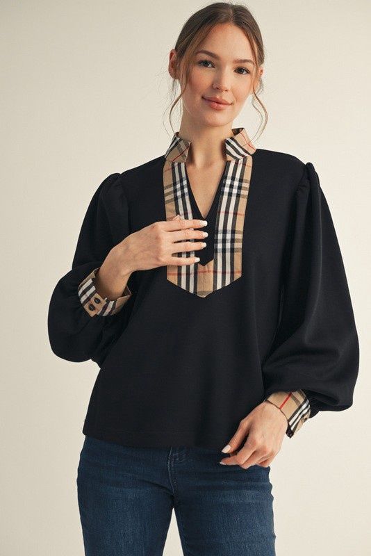 Jodifl-Plaid Contrast Top