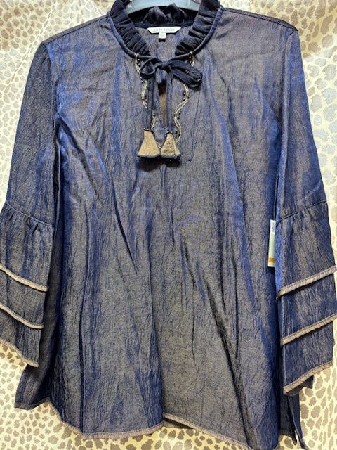 Navy Peasant Top w/Beads