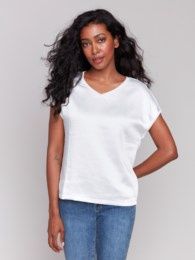 V-neck Satin Tee, Colour: Natural, Size: S