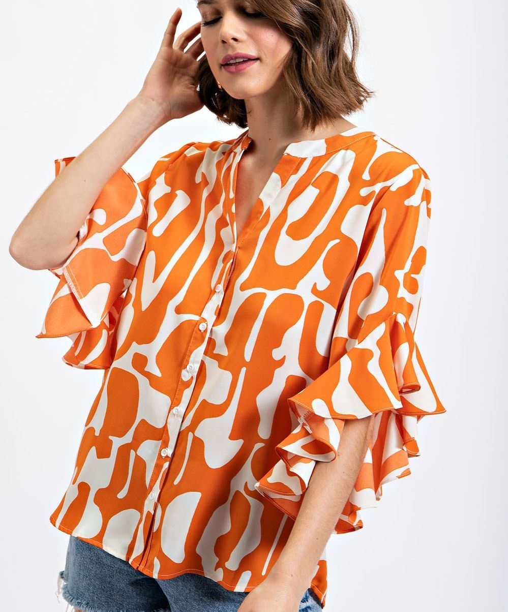 Print Ruffle Sleeve Blouse, Colour: Orange, Size: S