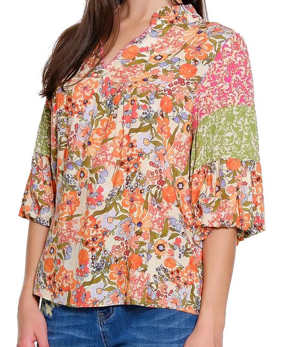 Mixed Print Tiered Slv Top, Size: Small