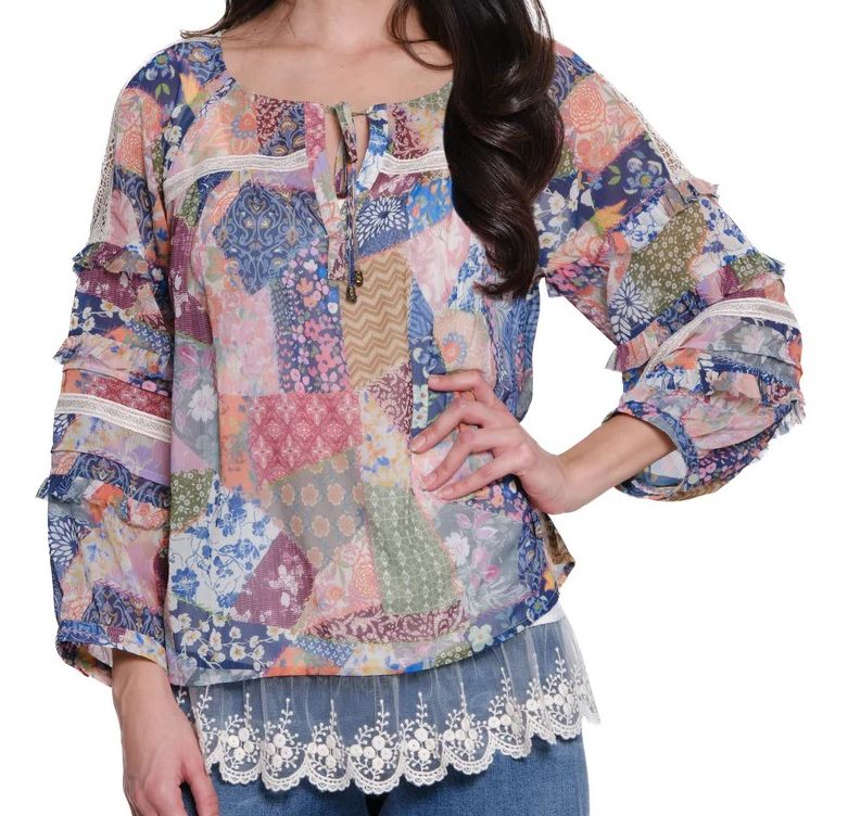 Patched Print Peasant Top W/ Lace Accents, Size: Small