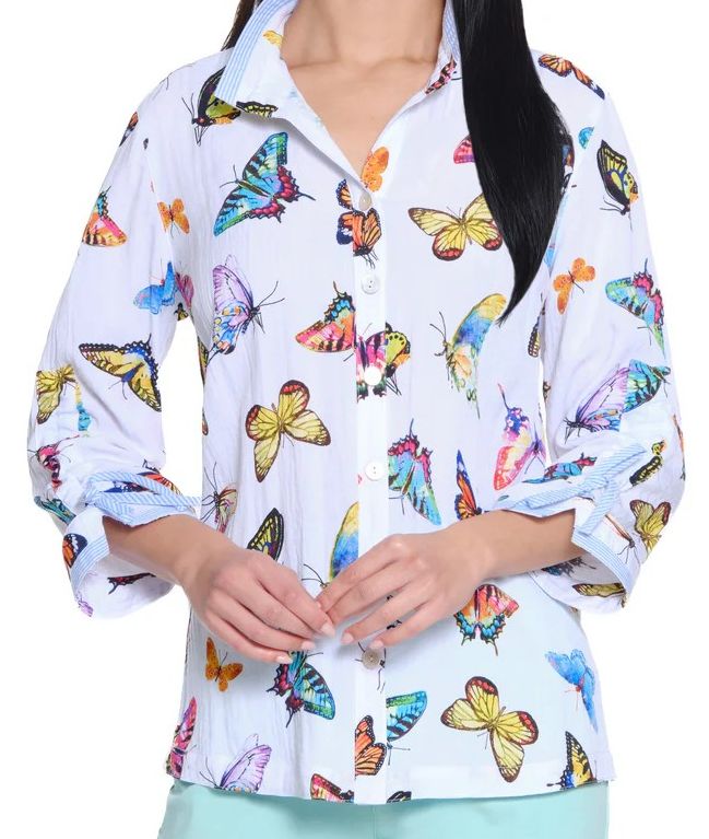 Butterfly Print Wire Collar Button Front Top, Size: Small