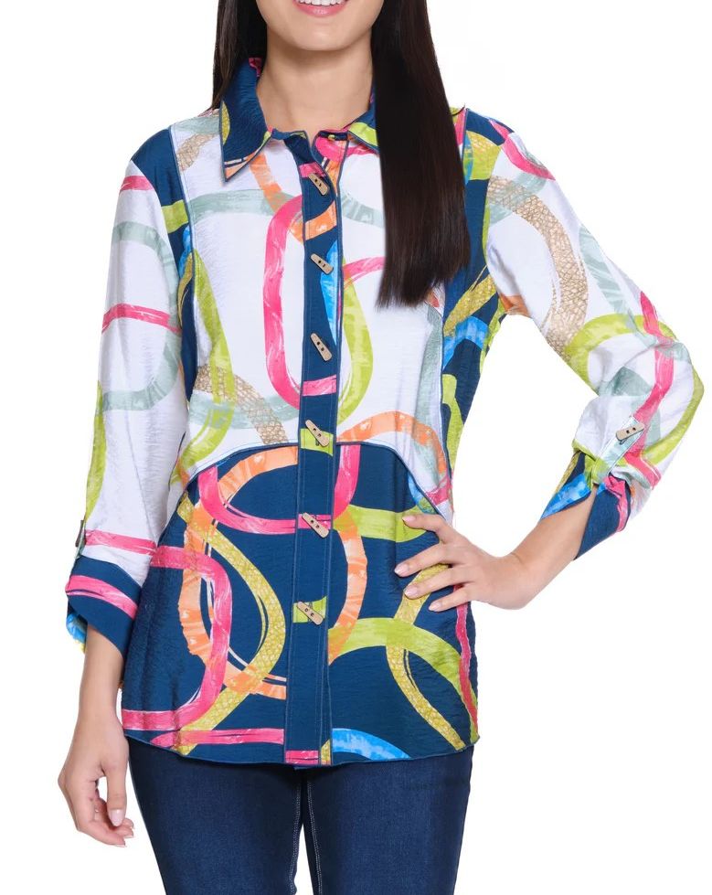 Spring Print Button Front Blouse, Size: S