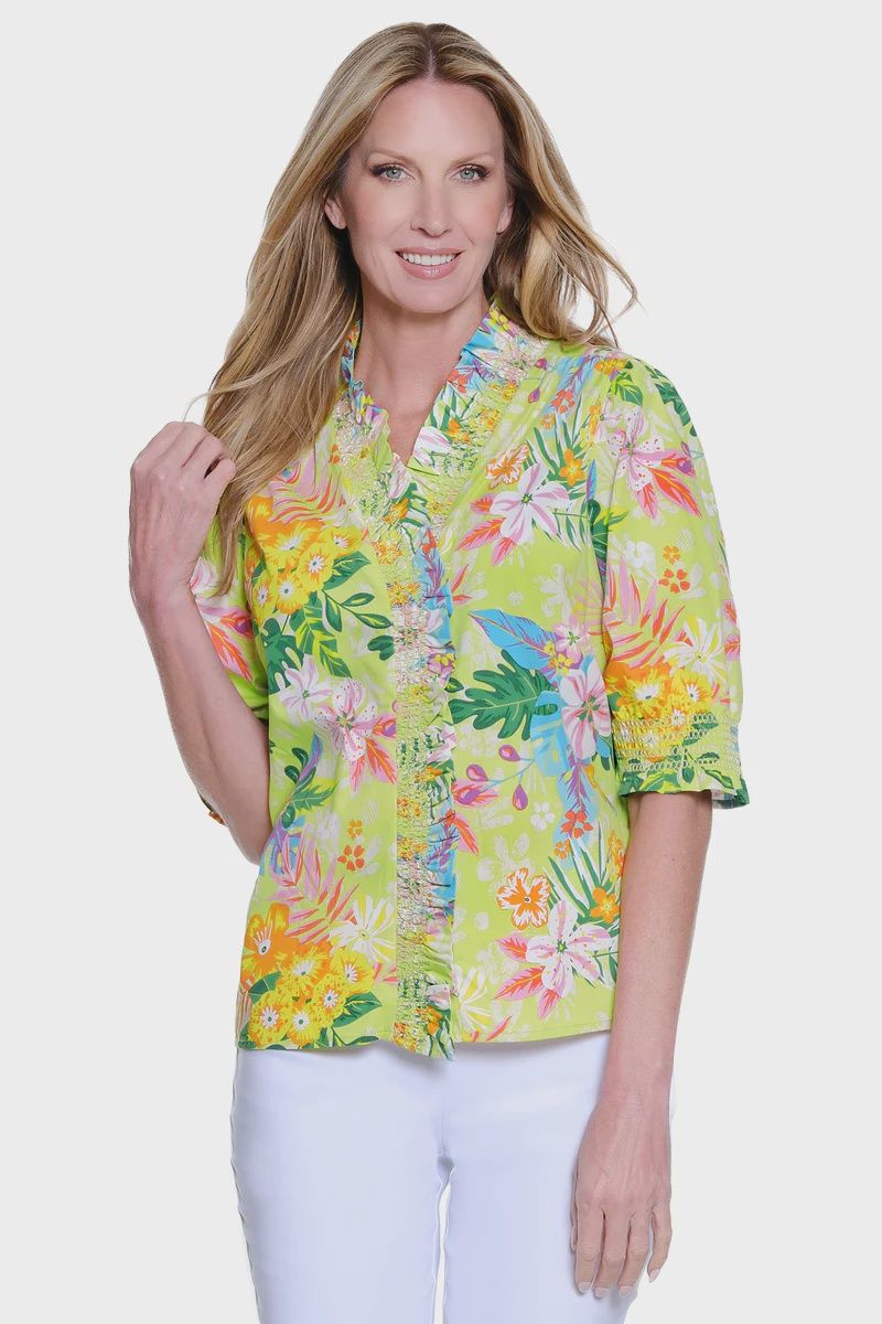 Ali Miles-Ruffle Neck Lime Floral
