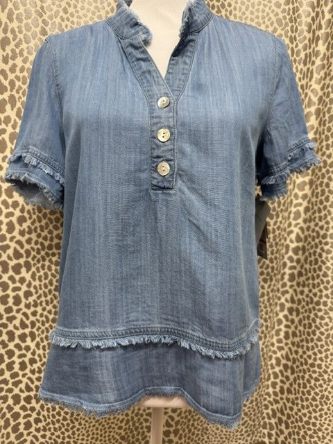 Multiples-Lt Indigo Fringe Hem Popover