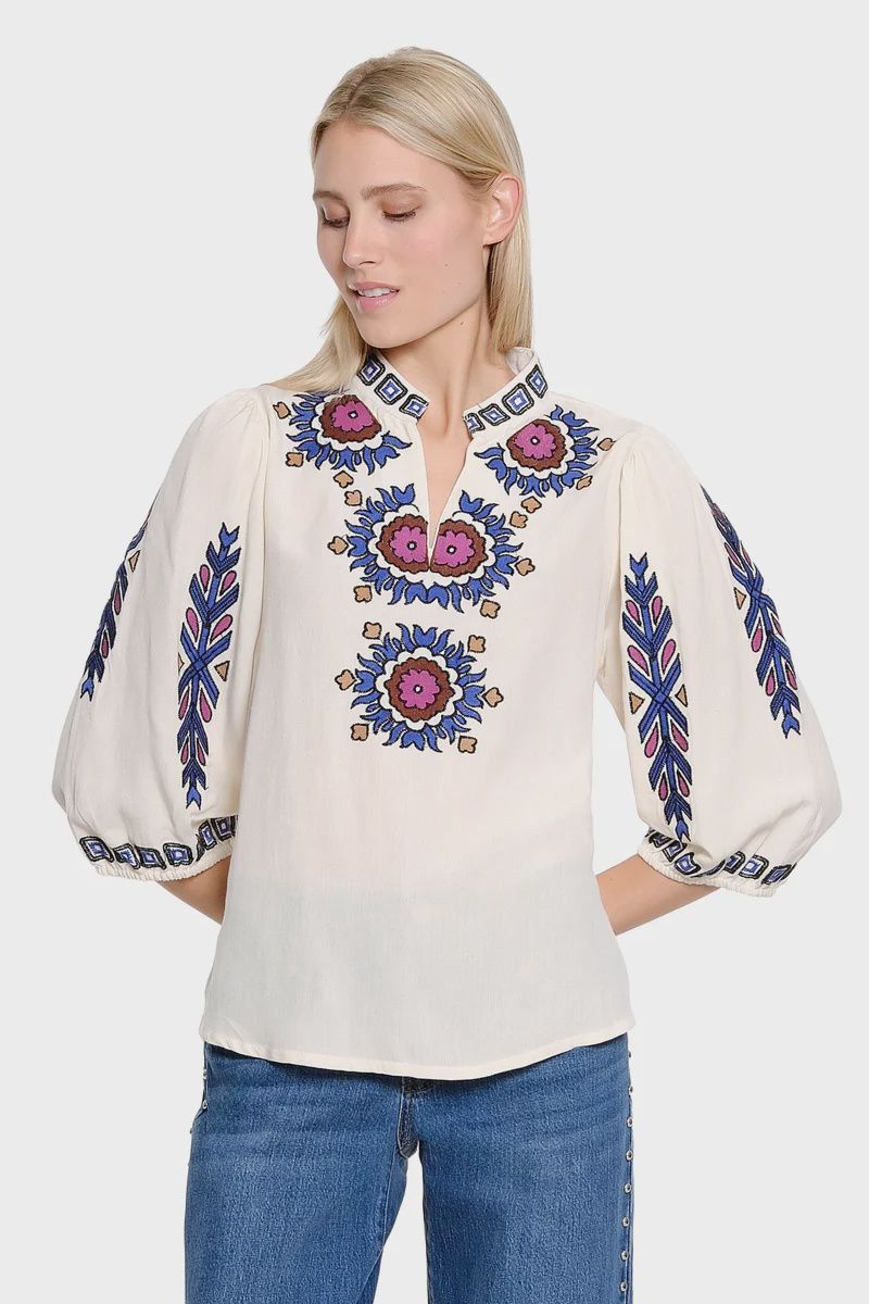 Tru Luxe-Stand Collar w/Embroidery Blouse