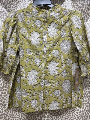 Tru Luxe-Green Print Smocked Cuff Popover