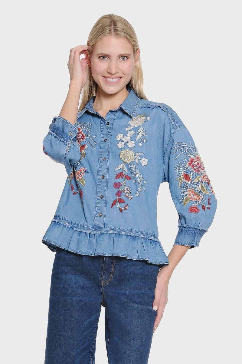 Tru Luxe-All Over Embroidered Chambray Top