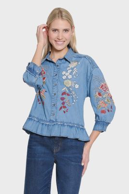 Tru Luxe-All Over Embroidered Chambray Top