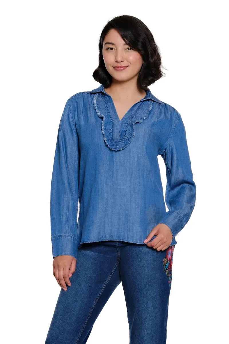TruLuxe-Denim Popover w/ Ruffle Trim
