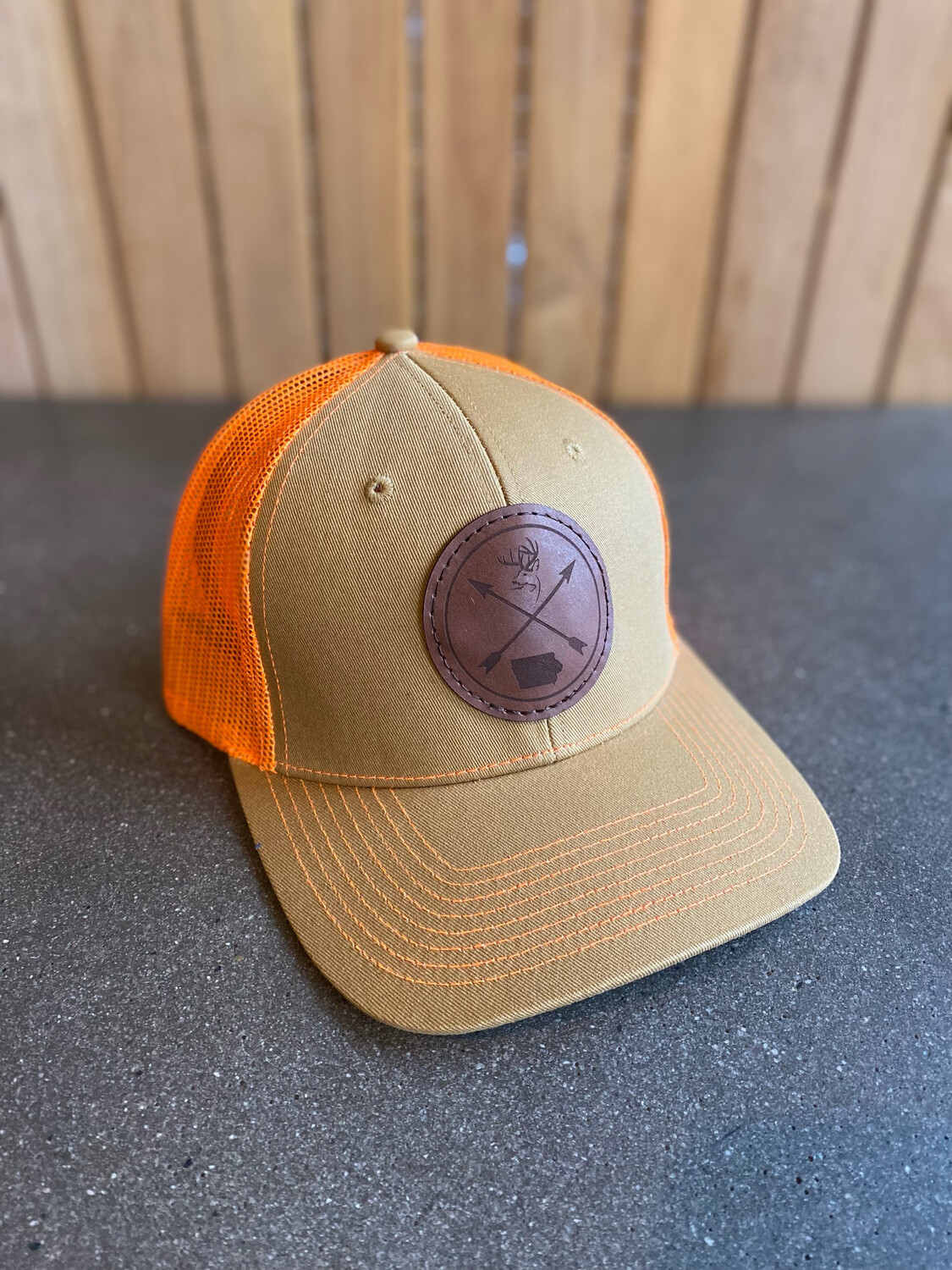 Brown/Orange Leather Circle Patch Hat