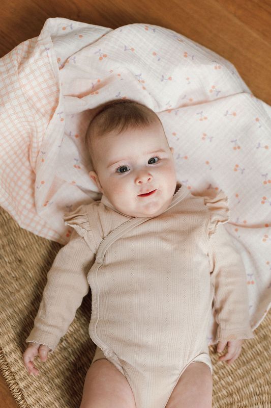 Organic Cotton GOTS Baby Swaddle – Cherries &amp; Vichy Motifs – Soft, Versatile and Practical