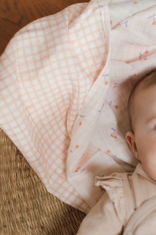 Organic Cotton GOTS Baby Swaddle – Cherries &amp; Vichy Motifs – Soft, Versatile and Practical