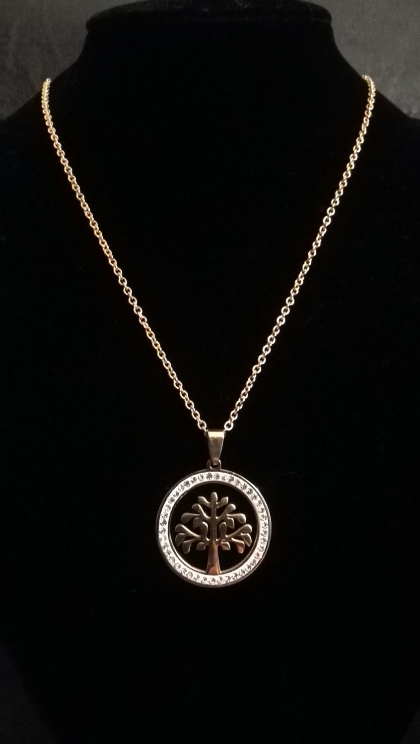 Colar "Árvore da Vida" Aço em dourado c/brilhantes