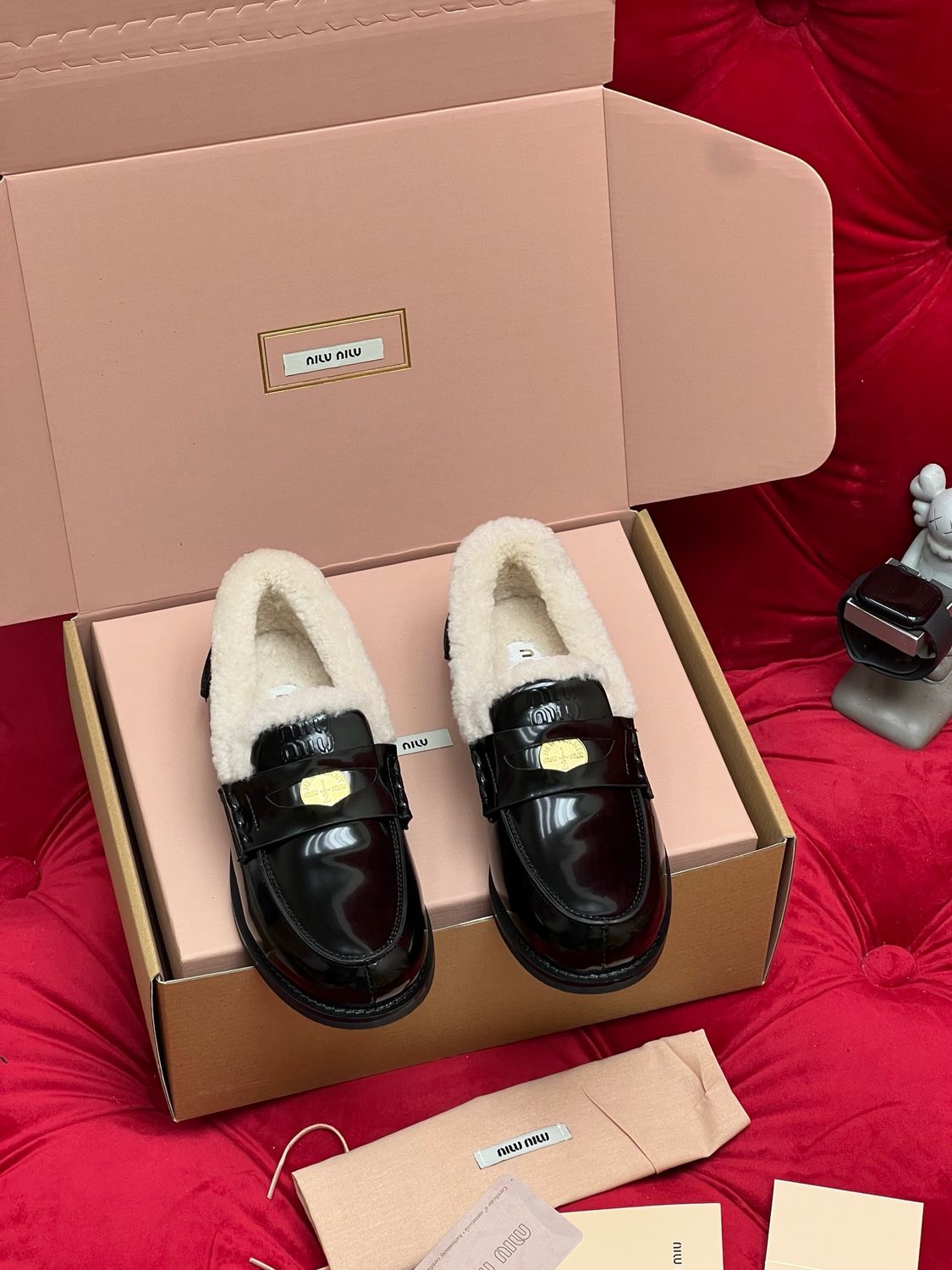 Miu miu shoes MAII01 – Shearling-Lined Patent Leather Loafers