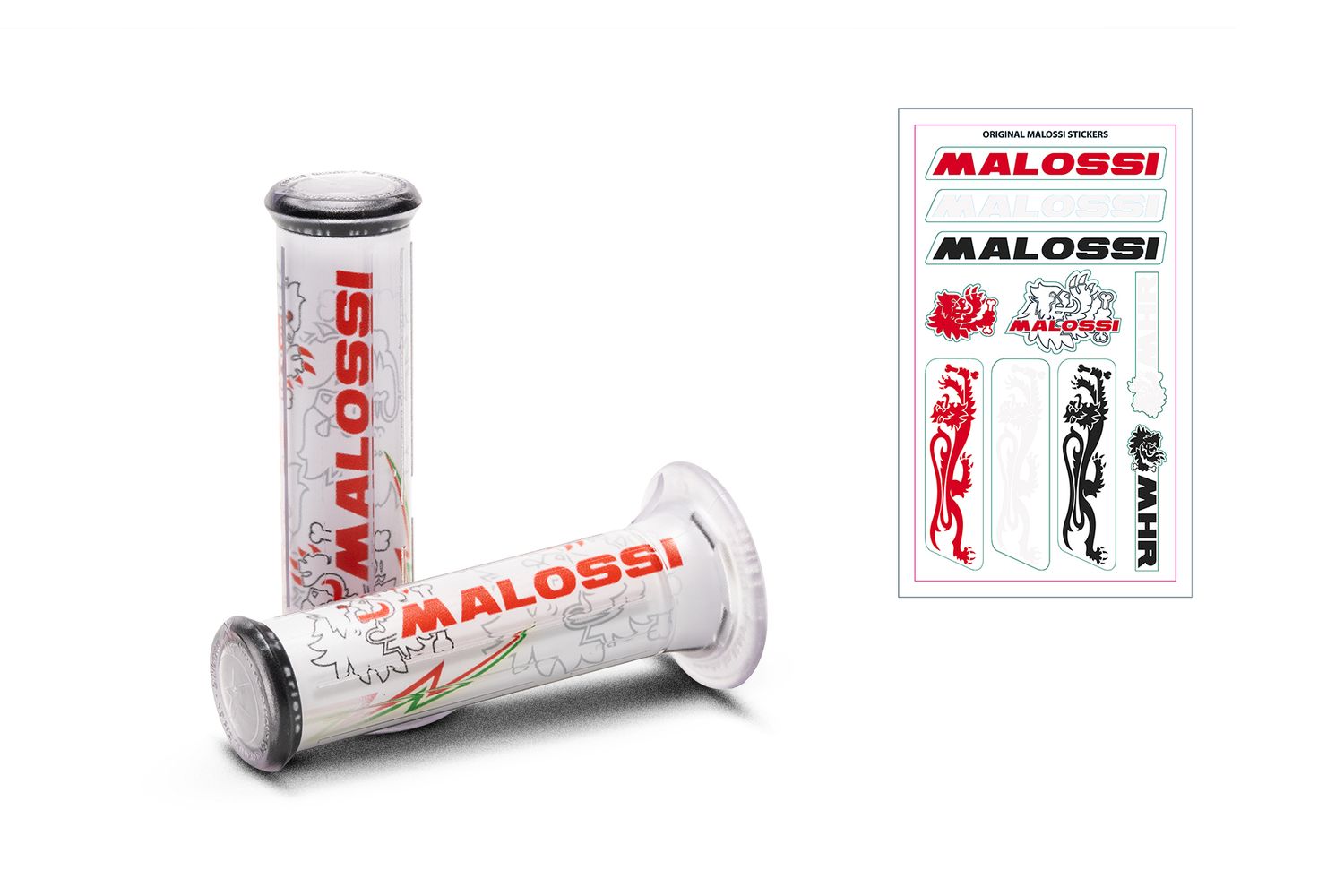 2 manopole bianche ø impugnatura 30 con logo malossi tribale - modello con chiusura a lato