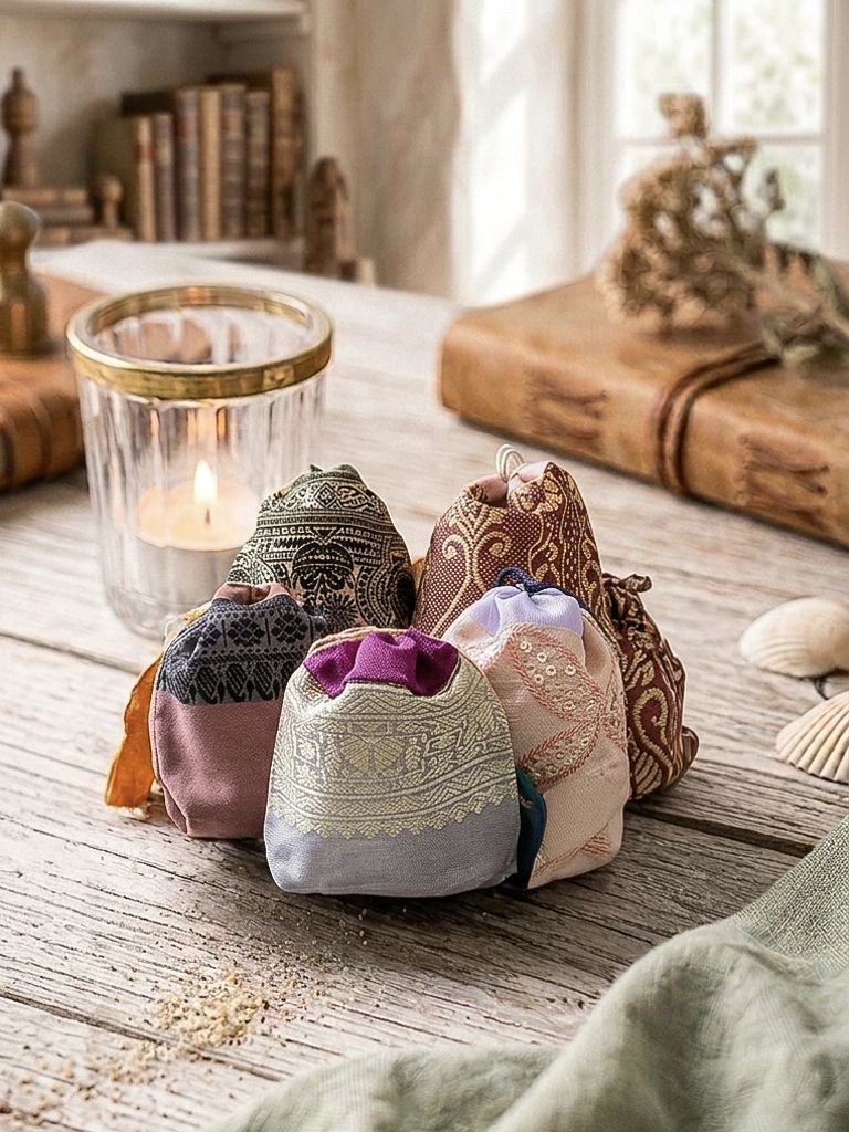 Figue Fragrance Powder in a handmade silk sachet.                                                                                                                                                                        (Min. 6 pieces Assorted)