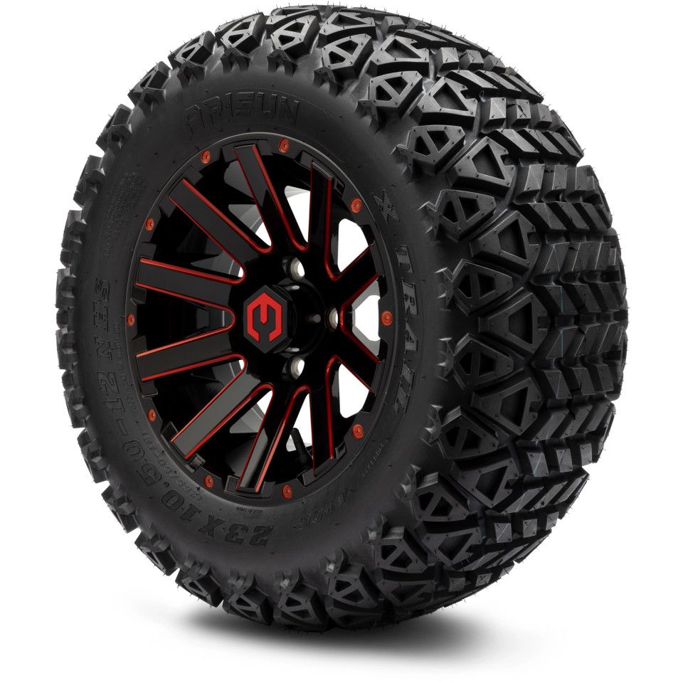 MODZ® 12" Mauler Red and Black Ball Mill - Lifted Tires and Wheels Combo