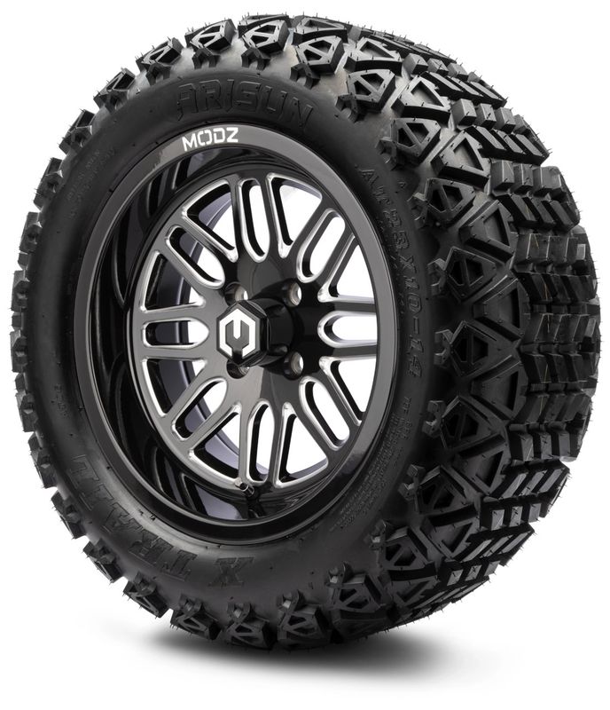 MODZ® 14" Mayhem Glossy Black with Ball Mill - Lifted Tires and Wheels Combo