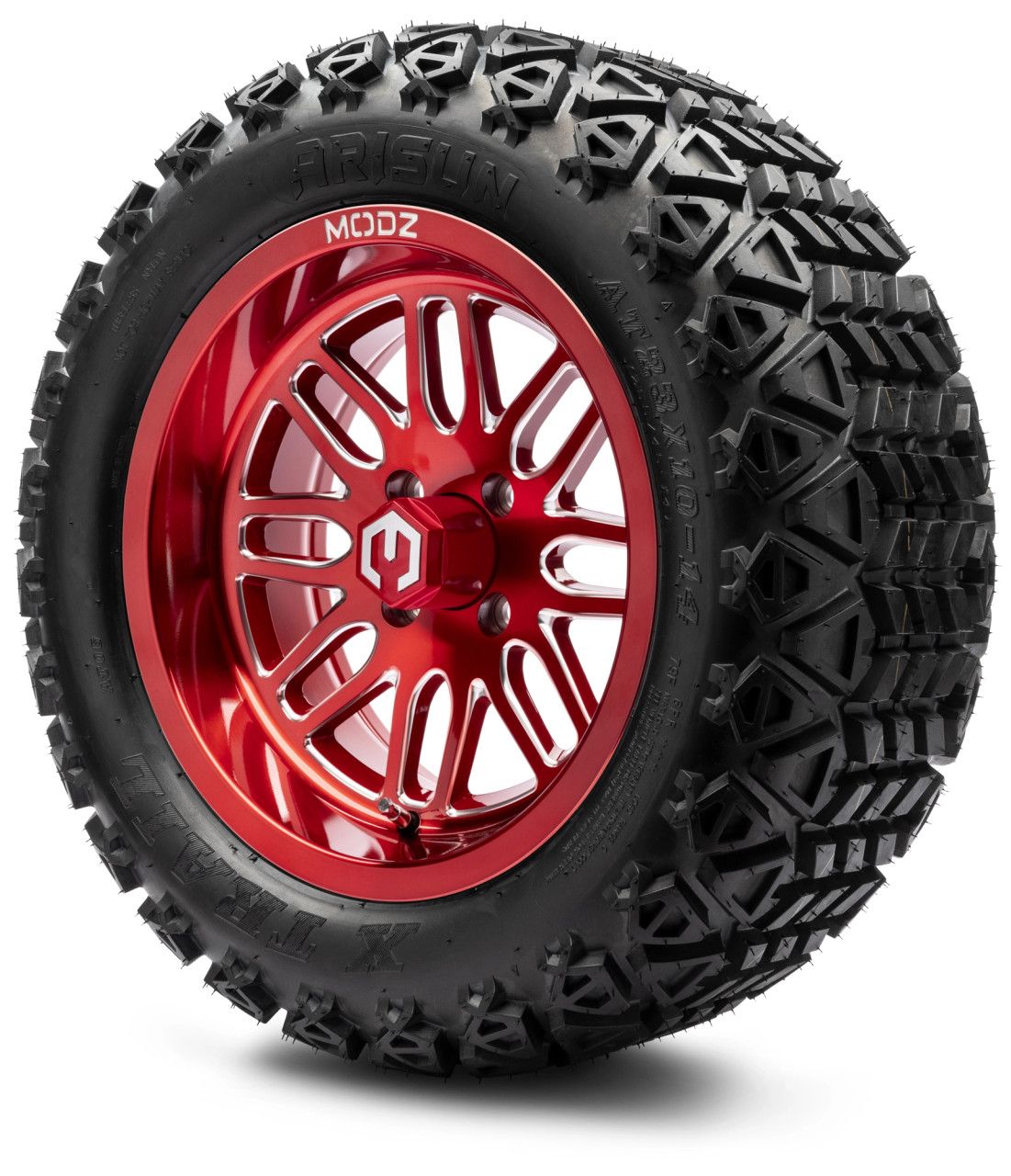 MODZ® 14" Mayhem Brushed Red with Ball Mill - Lifted Tires and Wheels Combo