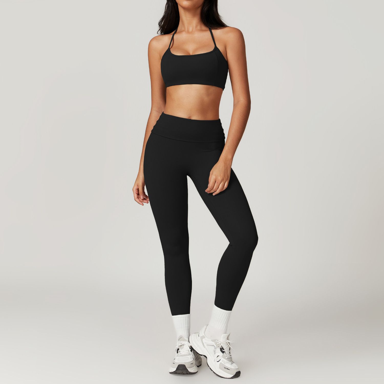 Hanging Neck/ Tight Back Yoga Suit, Color: Bra + trousers high-end black, Size: S