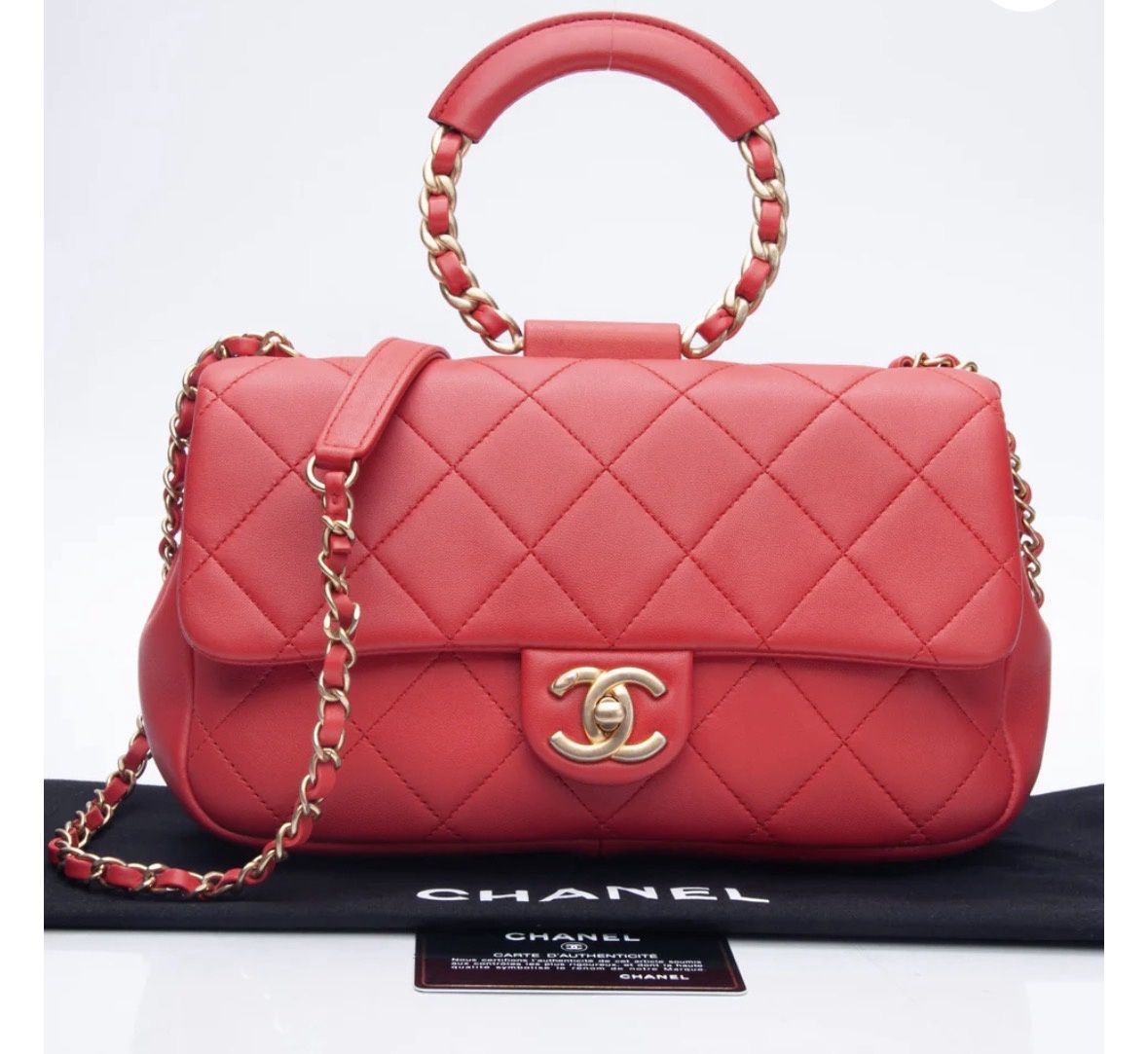 Chanel Med Loop Red Quilt Lamb Flap