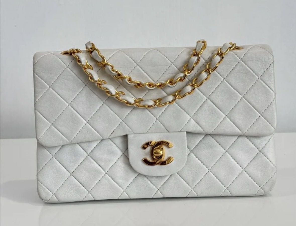 Chanel White Double Flap 24kt Bag