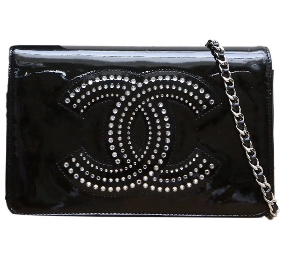 Chanel black patent WOC stone stud cc