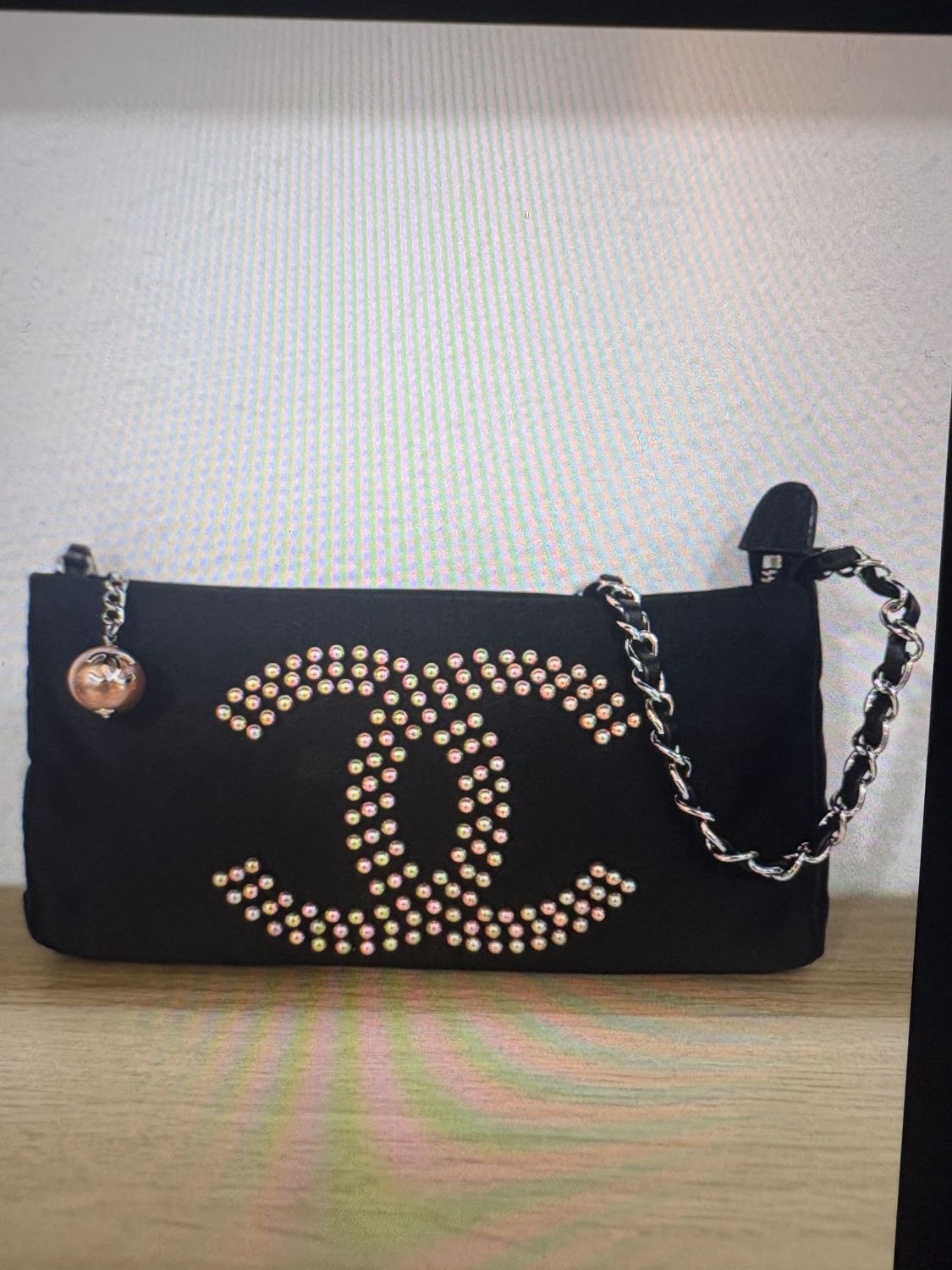 Chanel black satin beaded clutch