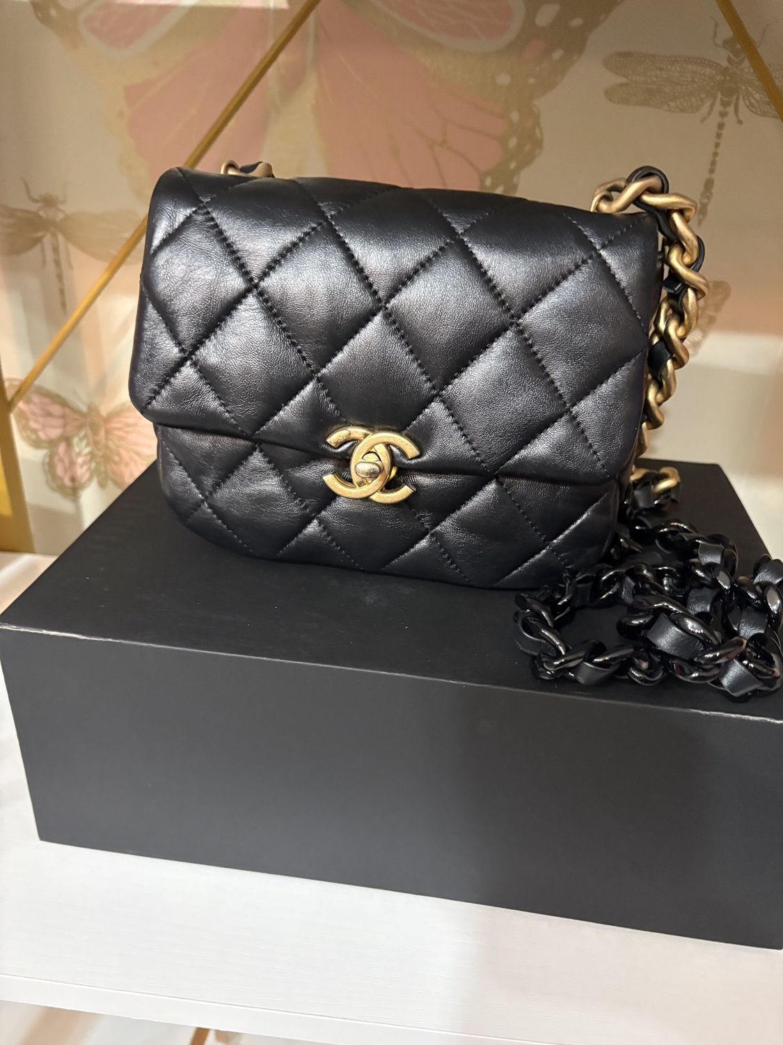 Chanel 19 black candy chain quilt lamb flap mini