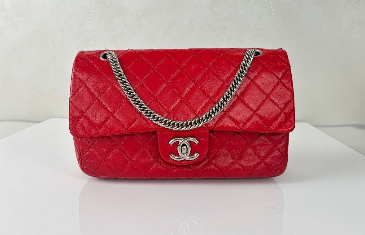 Chanel red classic flap turnlock silver chain bag