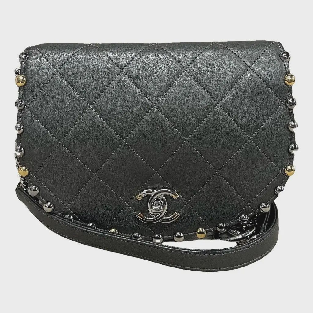Chanel black studded gold silver flap crossbody