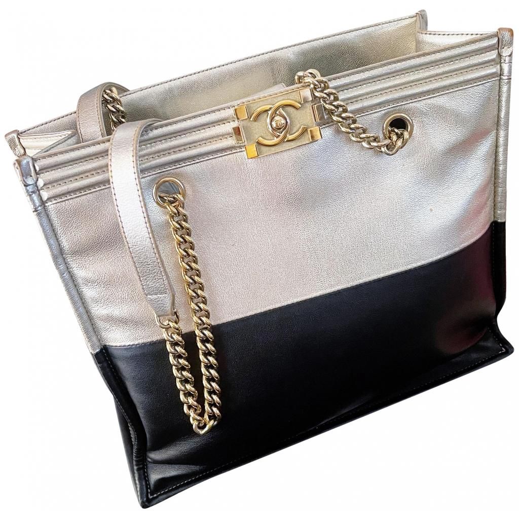 Chanel boy silver black shopper tote