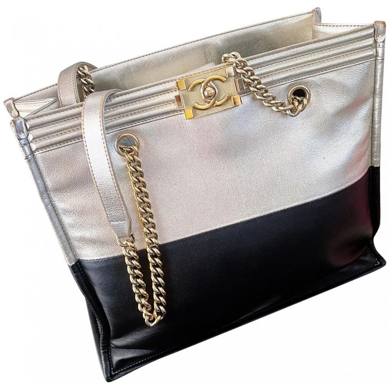 Chanel boy silver black shopper tote