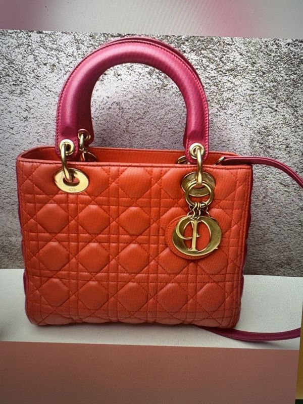 Dior Medium Bicolor Dior Lambskin Cannage Lady Dior Satchel red pink