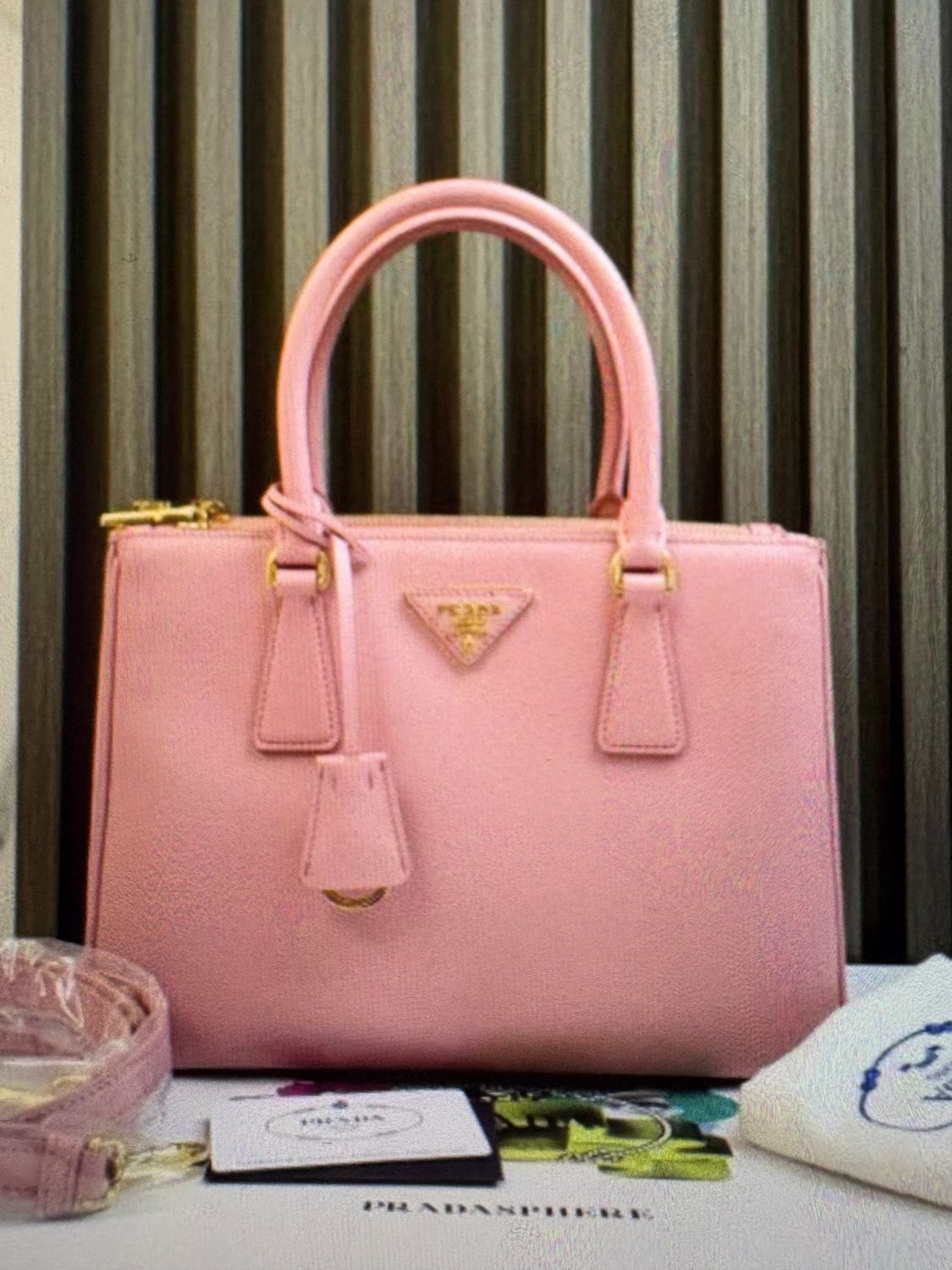Prada Saffiano pink Galleria w strap gold