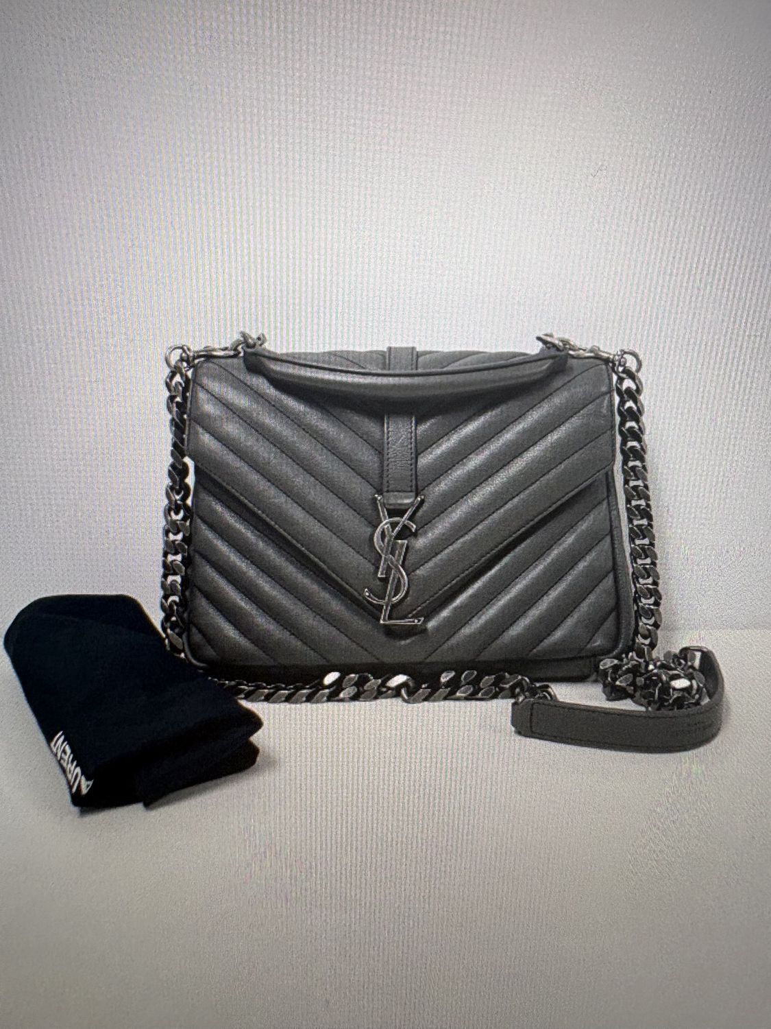 ysl grey college quilted medium silver